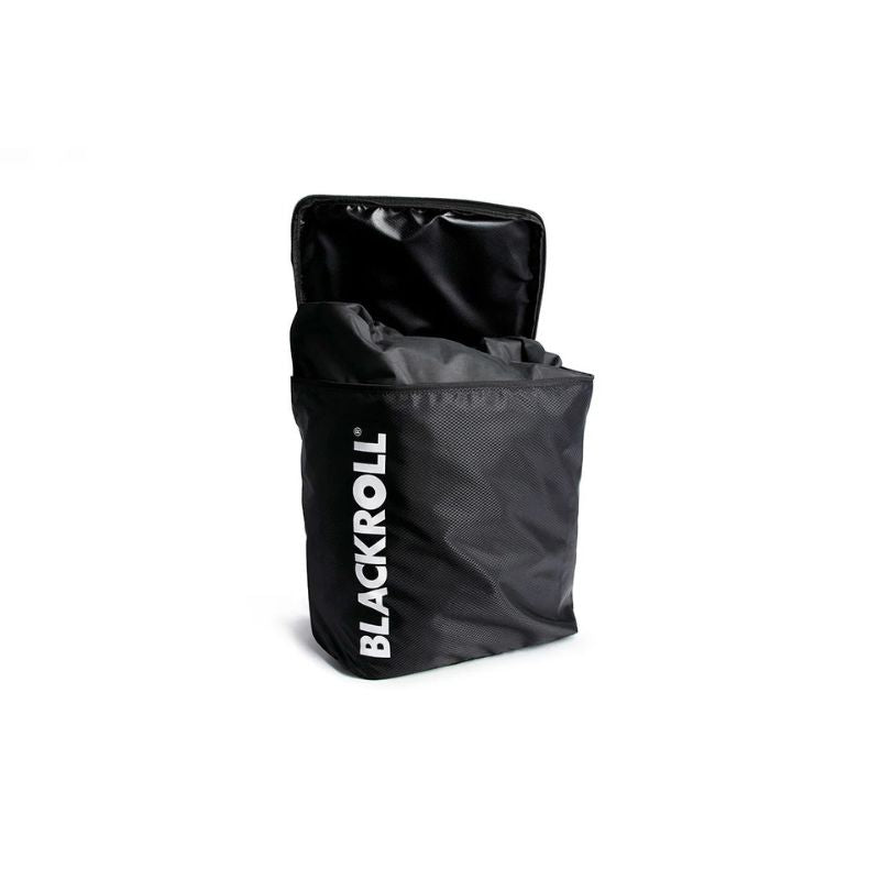 BLACKROLL Portable Inflatable Air Lounger 2.0 travel bag in black colour look and a little bit open