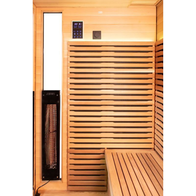 Chill Bunny 4-Person Outdoor Infrared Sauna Inside View with Screen Display Control, Bench and Red Light Therapy