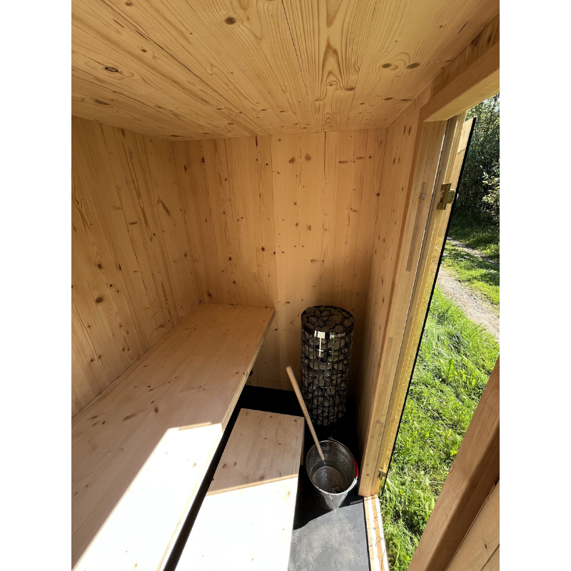 Harmone Aurora 4 Person Outdoor Traditional Sauna Bench and Sauna Heater and Stones Inside Look