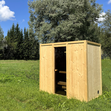 Harmone Aurora 4 Person Outdoor Traditional Sauna Front Side view in Natural Colour