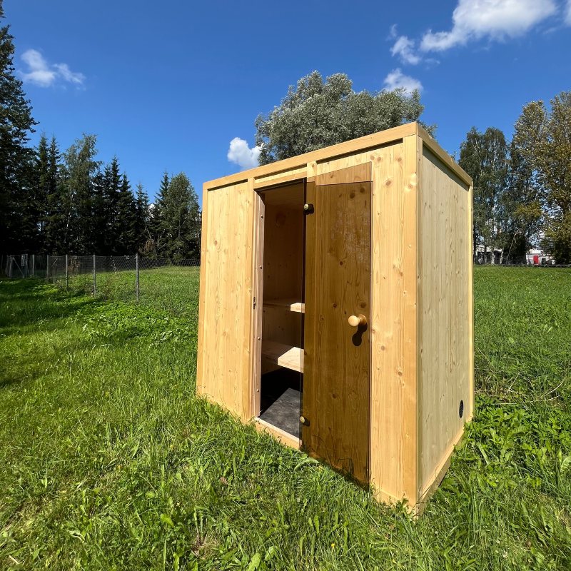 Harmone Aurora 4 Person Outdoor Traditional Sauna Front Right Side View with Open Door Look