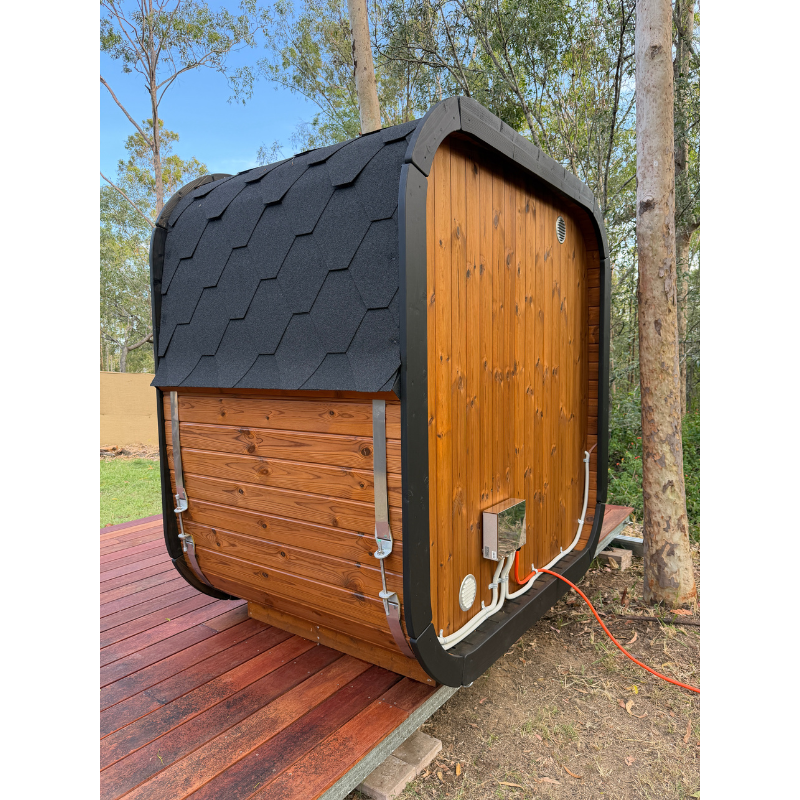 Harmone Icon 125 - 3 Person Barrel Outdoor Traditional Sauna Whole Back Look with Wires
