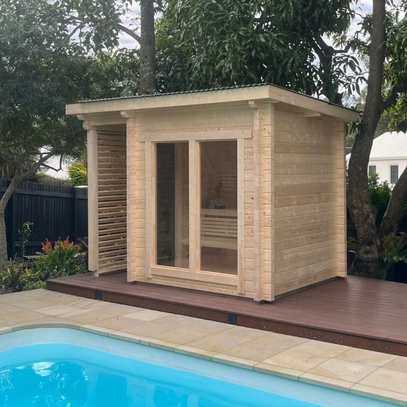 Harmone Cabin Island 4 Person Outdoor Traditional Sauna Wood Finished in an Outdoor Location