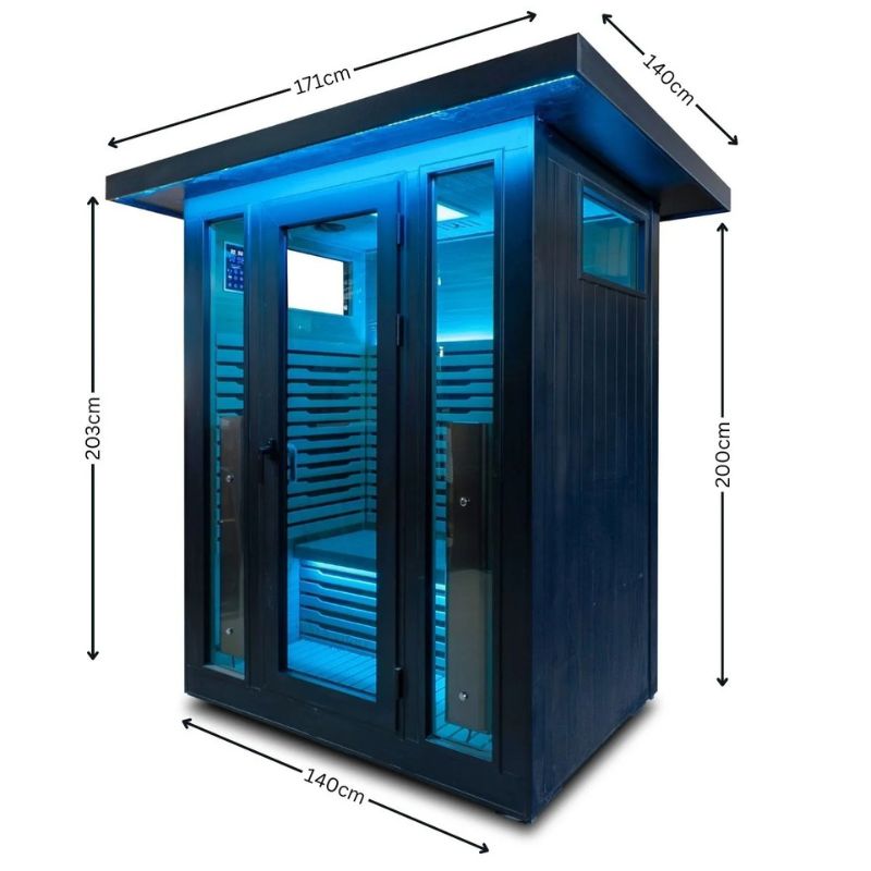 Innerlight 2 Person La Mar Full Spectrum Infrared Outdoor Sauna (Black) Front Side with Dimensions