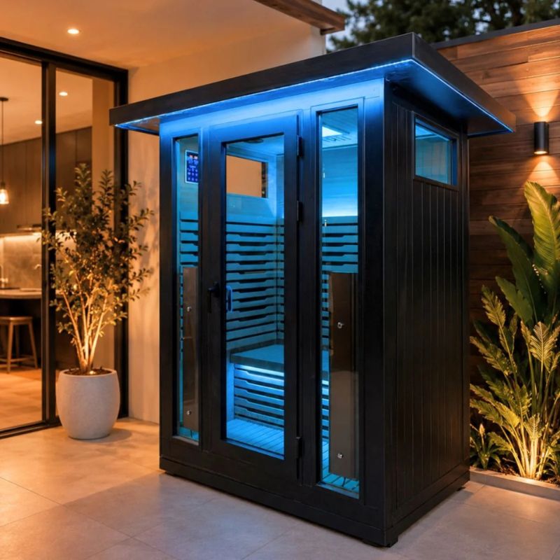 Innerlight 2 Person La Mar Full Spectrum Infrared Outdoor Sauna (Black) Front Right Side View with Blue Lights Outdoor