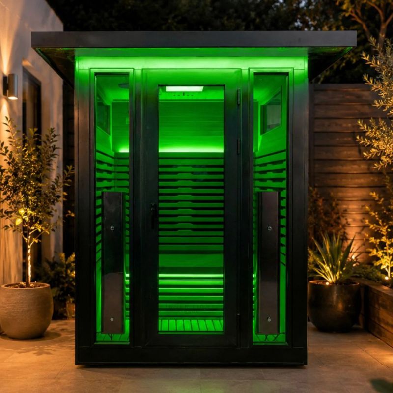 Innerlight 2 Person La Mar Full Spectrum Infrared Outdoor Sauna (Black) Front View Outdoor with Green Lights