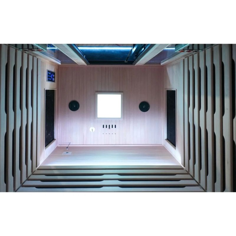 Innerlight 2 Person La Mar Full Spectrum Infrared Outdoor Sauna (Black) Inside View with Lights and Speakers Look