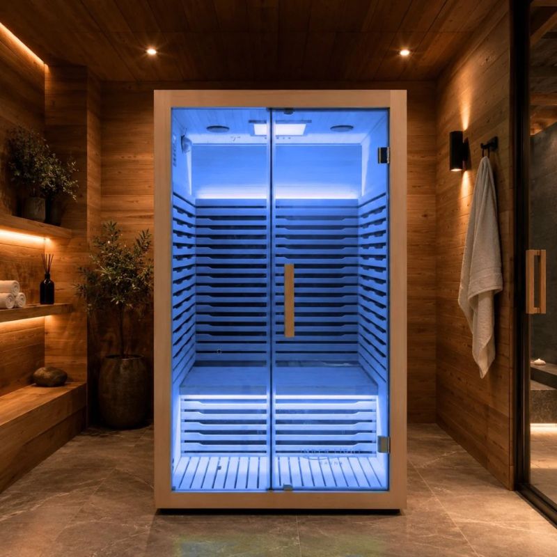 Innerlight 2 Person Mali Infrared Sauna Front View with Blue Lights On