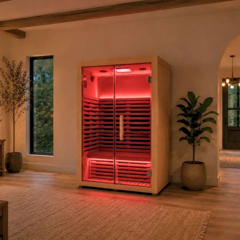 Innerlight 2 Person Mali Infrared Sauna Indoor Located with Red Lights On