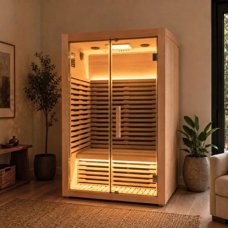 Innerlight 2 Person Mali Infrared Sauna Indoor with Yellow Lights On