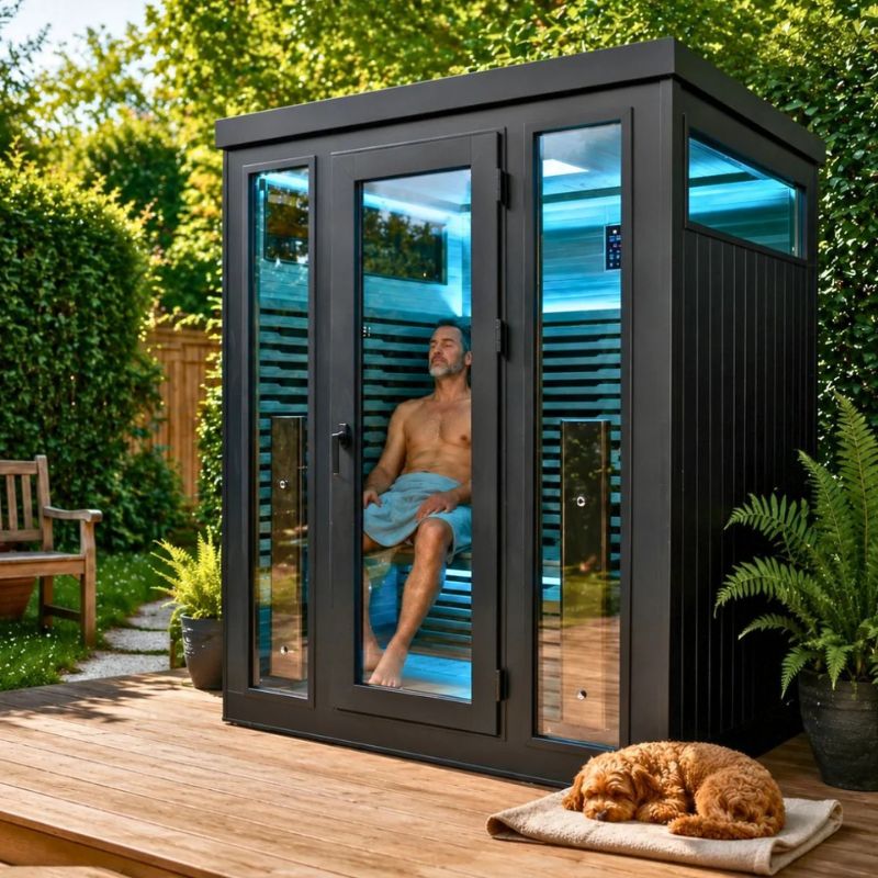 Innerlight 3 Person Bella Deluxe Outdoor Infrared Sauna with Man Using It