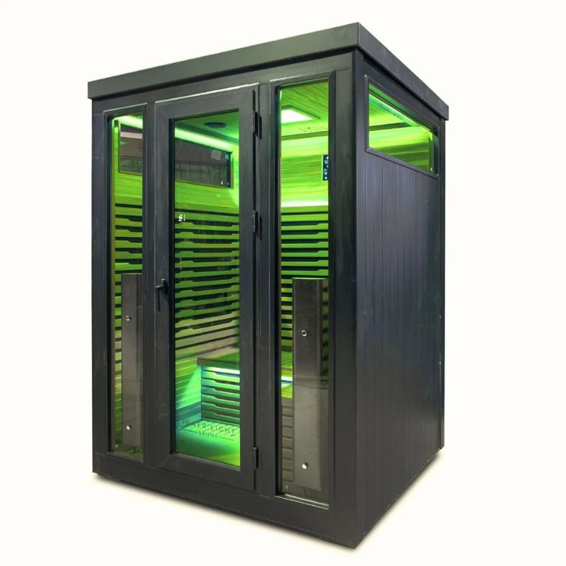 Innerlight 3 Person Bella Deluxe Outdoor Infrared Sauna Front Right Side with Green Light