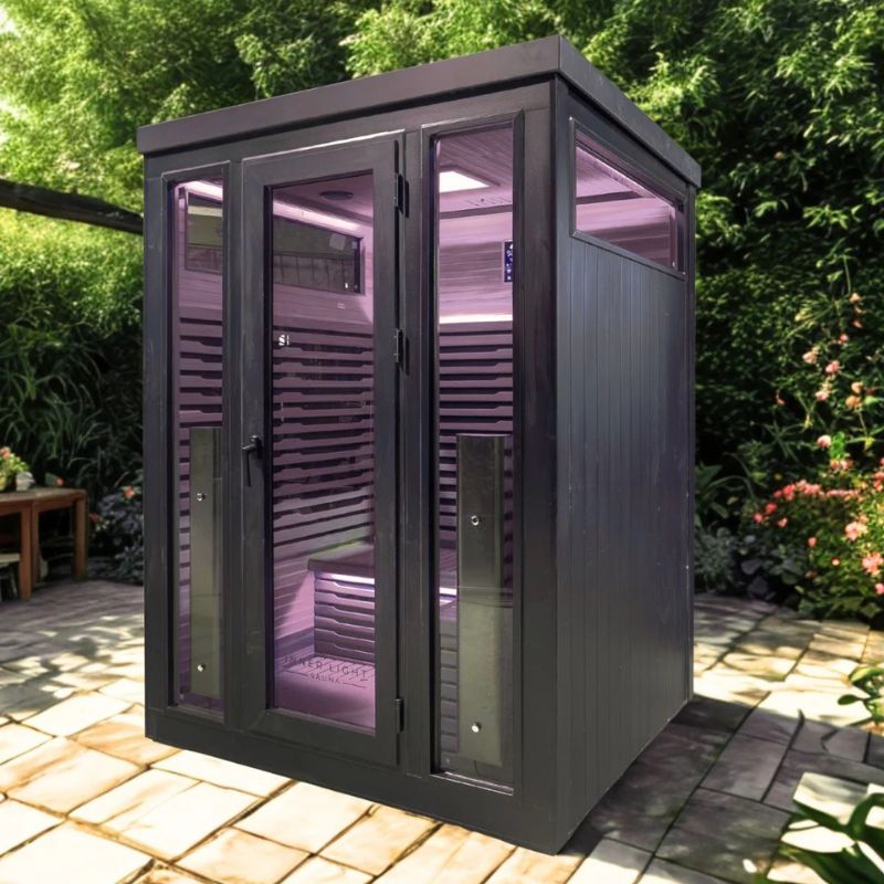 Innerlight 3 Person Bella Deluxe Outdoor Infrared Sauna Front Right Side  with Purple Lights