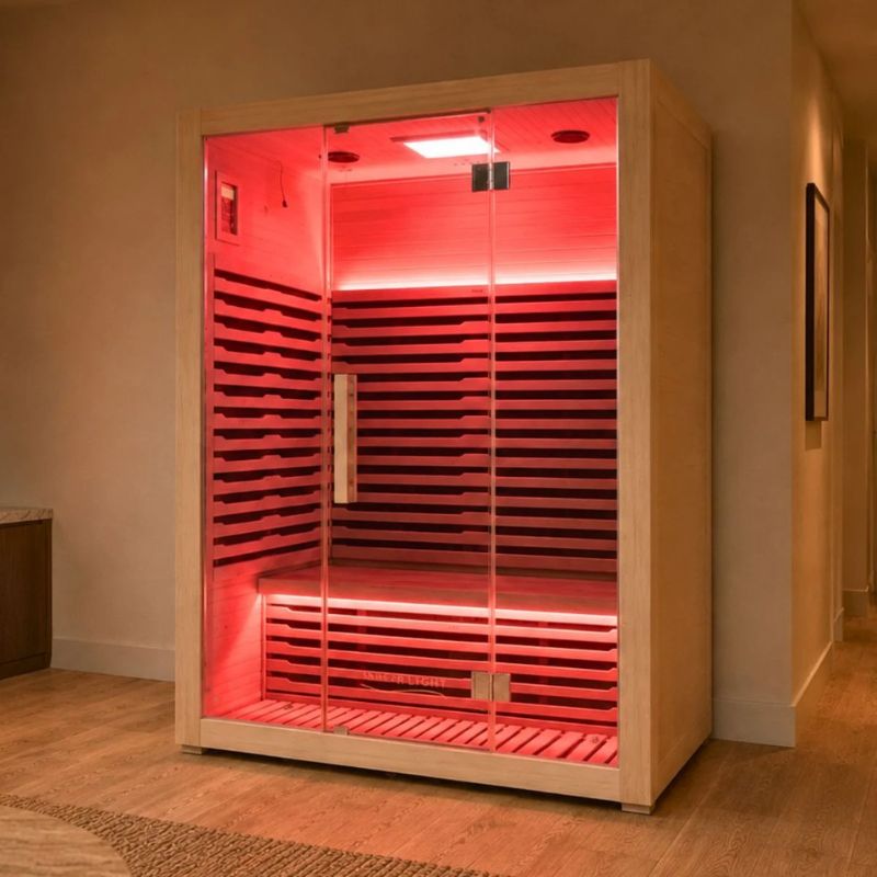 Innerlight 3 Person Mali Infrared Sauna Front Side with Red Lights On