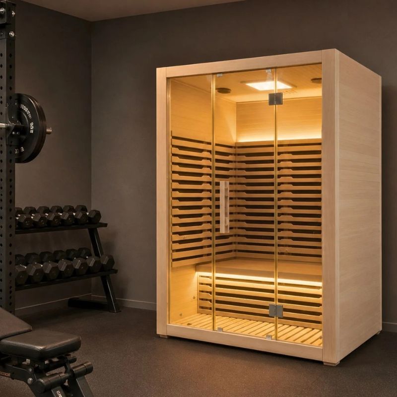 Innerlight 3 Person Mali Infrared Sauna Front Side with Yelllow Lights On Gym