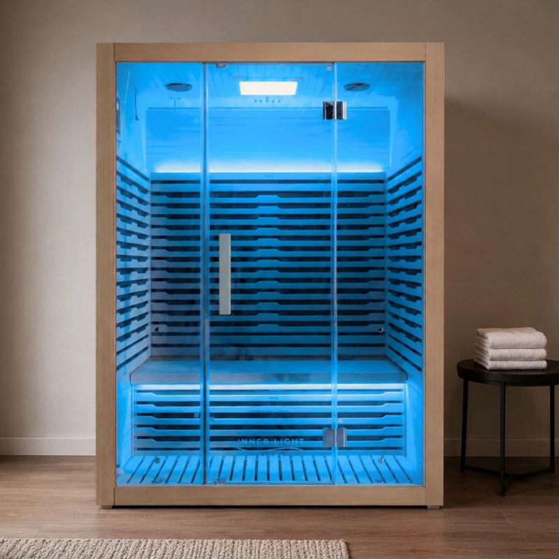 Innerlight 3 Person Mali Infrared Sauna Front View with Blue Lights On