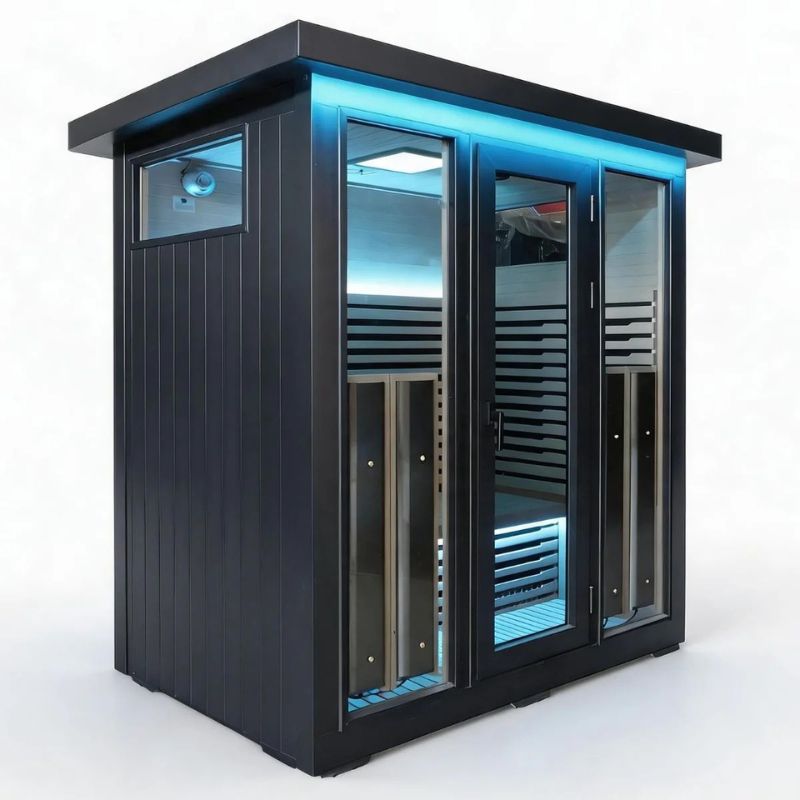 Innerlight 4 Person La Mar Outdoor Infrared Sauna (Black) Front Left with Blue Lights