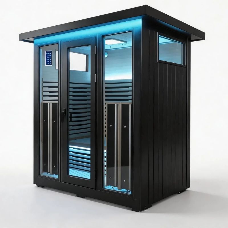 Innerlight 4 Person La Mar Outdoor Infrared Sauna (Black) Front Right with Blue Lights