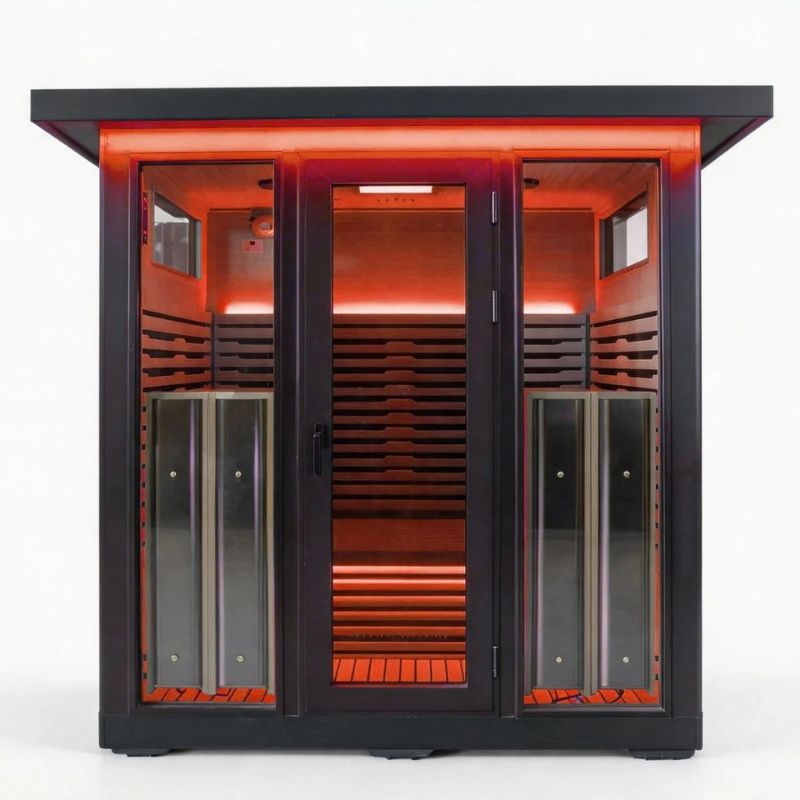 Innerlight 4 Person La Mar Outdoor Infrared Sauna (Black) Front View with Red Lights