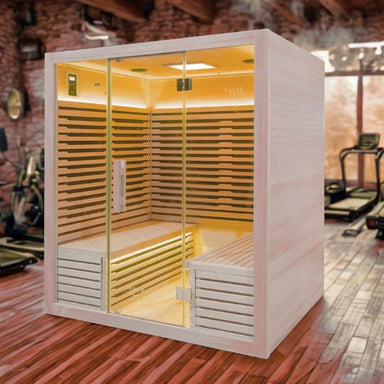Innerlight4PersonTwinSeatInfraredSaunaPlacedIndoorWithYellowLightsOn