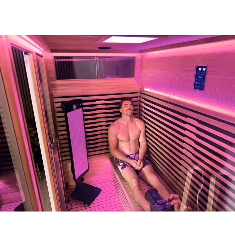 Innerlight 5 Person Bella Deluxe Outdoor Infrared Sauna with Man Using