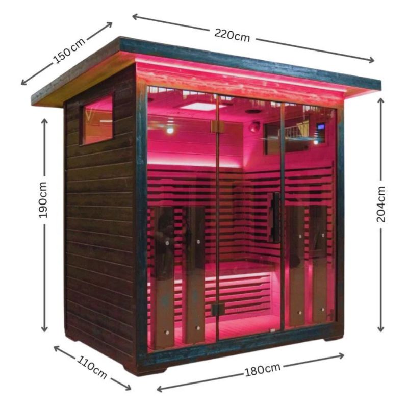 Innerlight 4 Person Full Spectrum Infrared Outdoor Sauna Front Side View with Dimensions