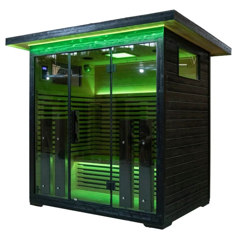 Innerlight 4 Person Full Spectrum Infrared Outdoor Sauna Outside Look with Green Lights On