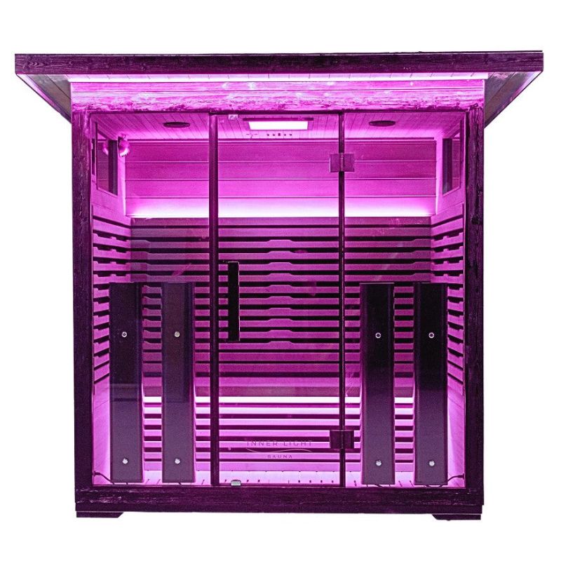 Innerlight 4 Person Full Spectrum Infrared Outdoor Sauna Outside Look with Purple Lights On