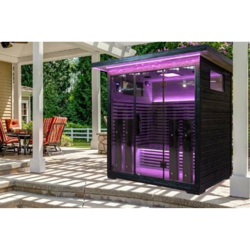Innerlight 4 Person Full Spectrum Infrared Outdoor Sauna Look When Setup with Purple Lights On