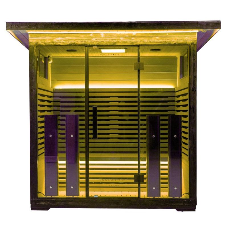 Innerlight 4 Person Full Spectrum Infrared Outdoor Sauna Outside Lookwith Yellow Lights On