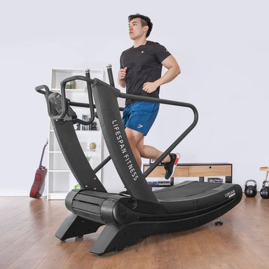 Lifespan Fitness Corsair FreeRun 105 Curved Treadmill with Man Running and Using It