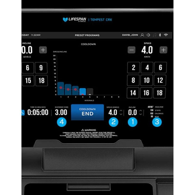 Lifespan Fitness Tempest CRX Commercial Smart Treadmill Screen Features Display