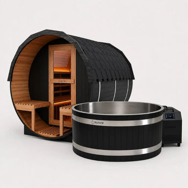 NUVIE Fusion Hybrid Barrel Sauna & Ember Dual Ice Bath Bundle in Black Colour