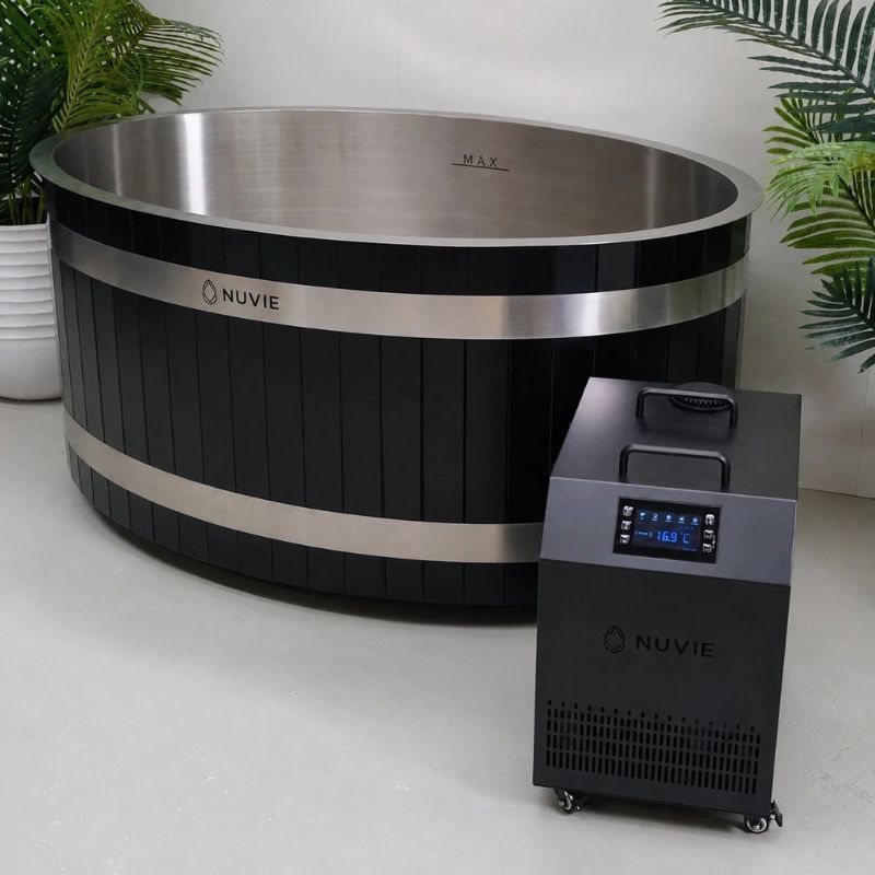 NUVIE Fusion Hybrid Barrel Sauna & Ember Dual Ice Bath Bundle with the look of the tub and chiller