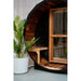 NUVIE Fusion 6–8 Person Hybrid Barrel Sauna Closer Look of bench outside in outdoor location