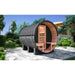 NUVIE Fusion 6–8 Person Hybrid Barrel Sauna Front Side View in Outdoor View