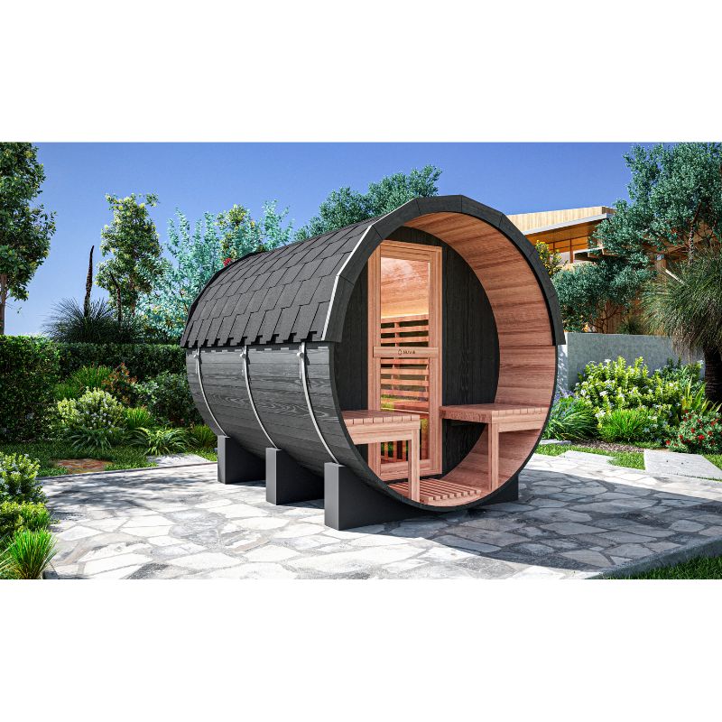 NUVIE Fusion 6–8 Person Hybrid Barrel Sauna Front Side View in Outdoor View
