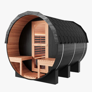 NUVIE Fusion 6–8 Person Hybrid Barrel Sauna Front SIde View