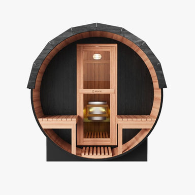 NUVIE Fusion 6–8 Person Hybrid Barrel Sauna Front View In Black Colour