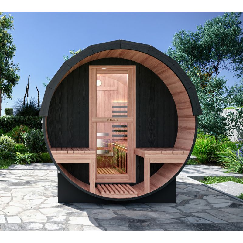 NUVIE Fusion 6–8 Person Hybrid Barrel Sauna Front View in Outdoor Location