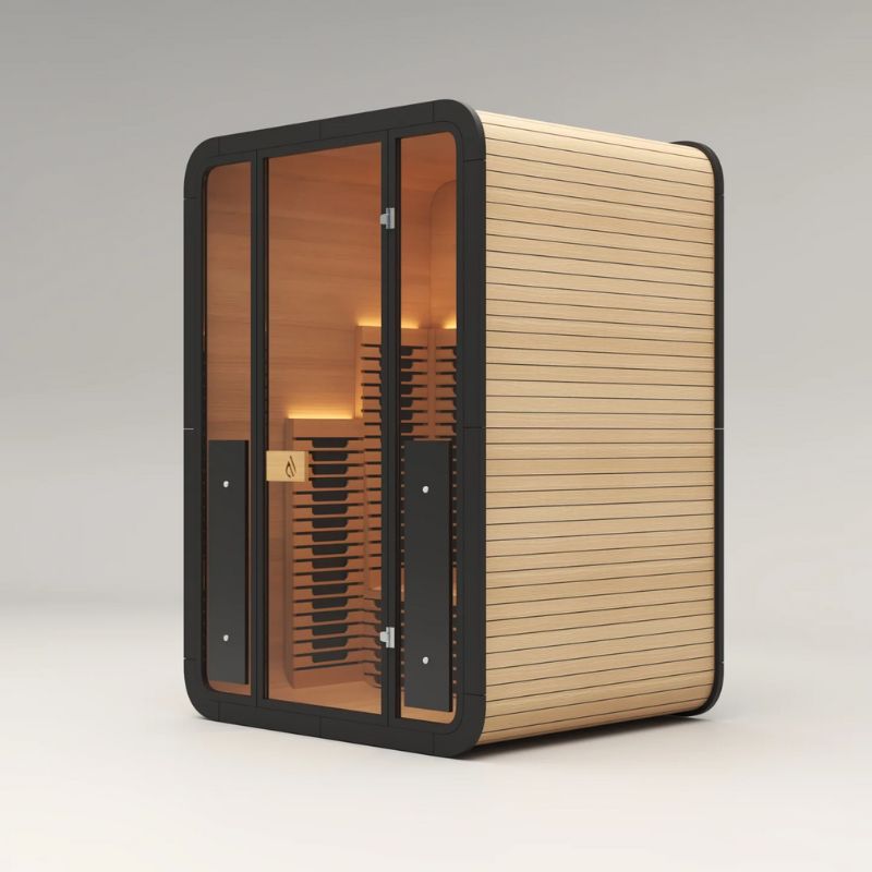 PlusLife 2-3 Person Lumina Full Spectrum Indoor Infrared Sauna
 Front Side View of the black wood accent variant