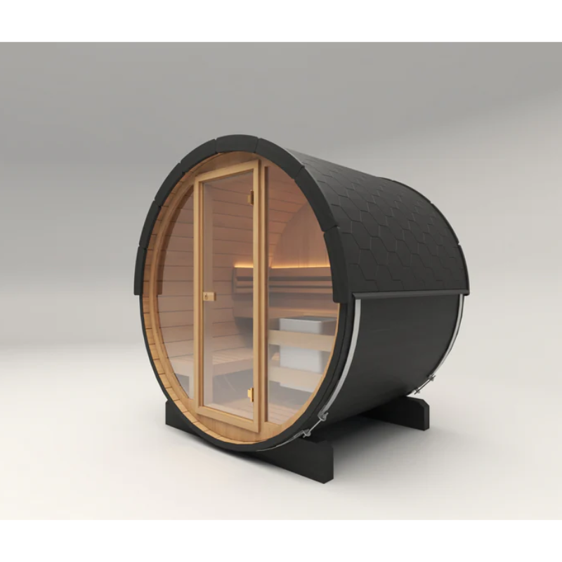 PlusLife 4–5 Person Cove Barrel Outdoor Traditional Sauna Full Glass Front with the view of the sauna in front side view