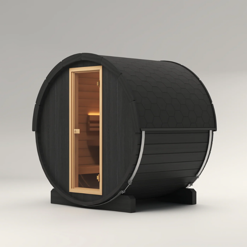 PlusLife 4–5 Person Cove Barrel Outdoor Traditional Sauna Glass Door Front Side View