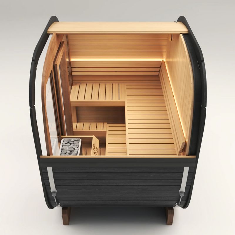 PlusLife 4–5 Person Max 2.0 Traditional Outdoor Sauna Top Side with Inside View