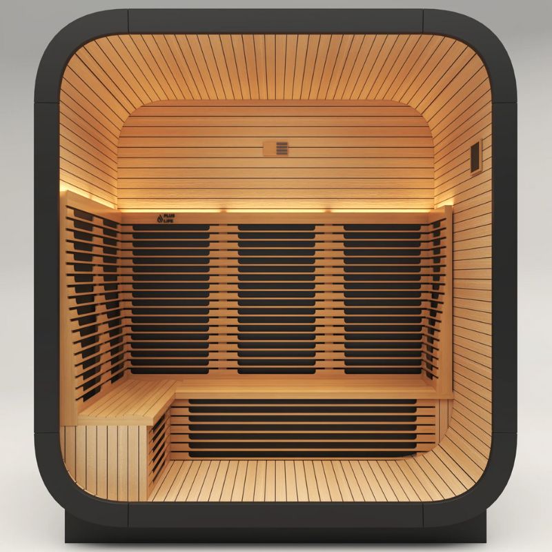 PlusLife 4-5 Person Max Full Spectrum Outdoor Infrared Sauna
 Inside Look Front View