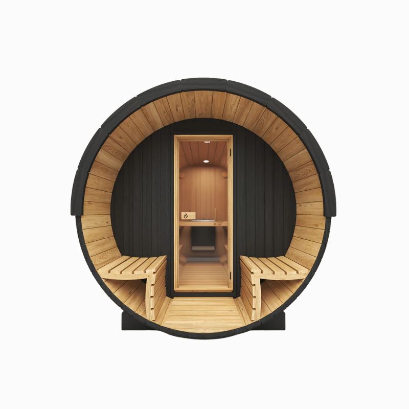 PlusLife 6-8 Person Meridian Barrel Outdoor Traditional Sauna in Front View