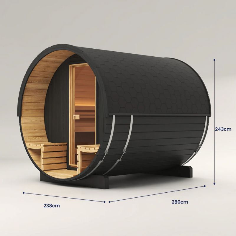 PlusLife 6-8 Person Meridian Barrel Outdoor Traditional Sauna in Front Side View Dimensions