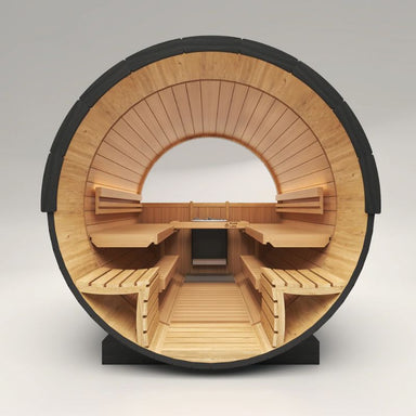 PlusLife 6-8 Person Meridian Barrel Outdoor Traditional Sauna Inside Look in Front View