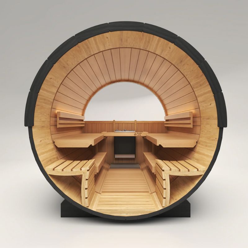 PlusLife 6-8 Person Meridian Barrel Outdoor Traditional Sauna Inside Look in Front View