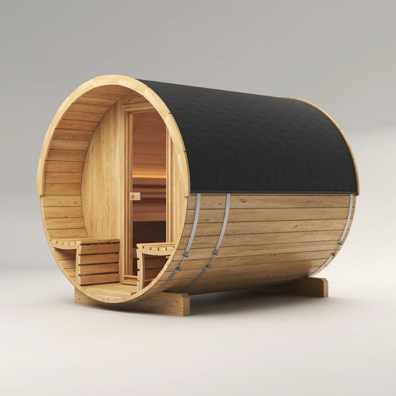 PlusLife 6-8 Person Meridian Barrel Outdoor Traditional Sauna in Side View
